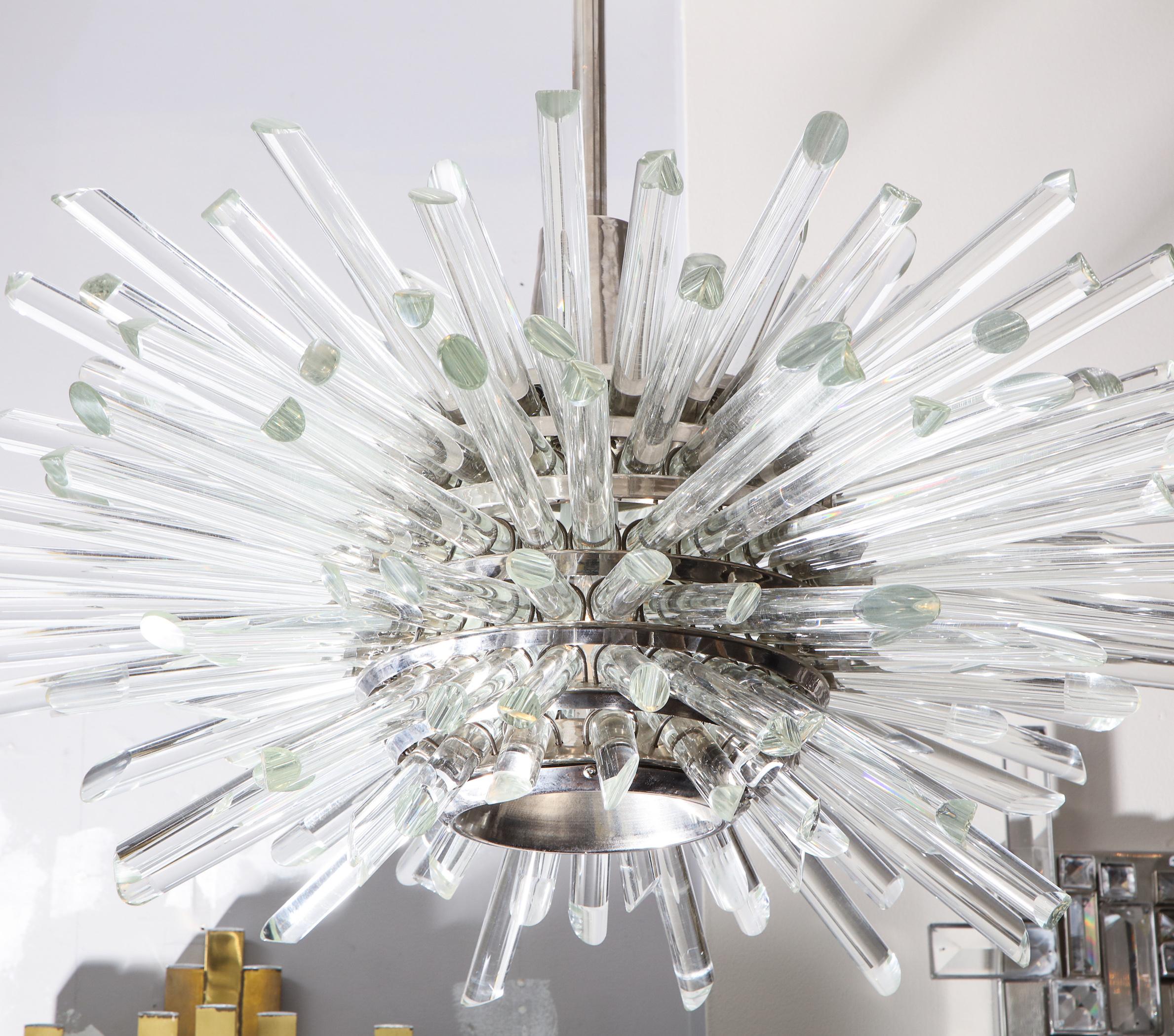 Modern Illuminating Glass Rod Sputnik Chandelier in Polished Nickel For Sale
