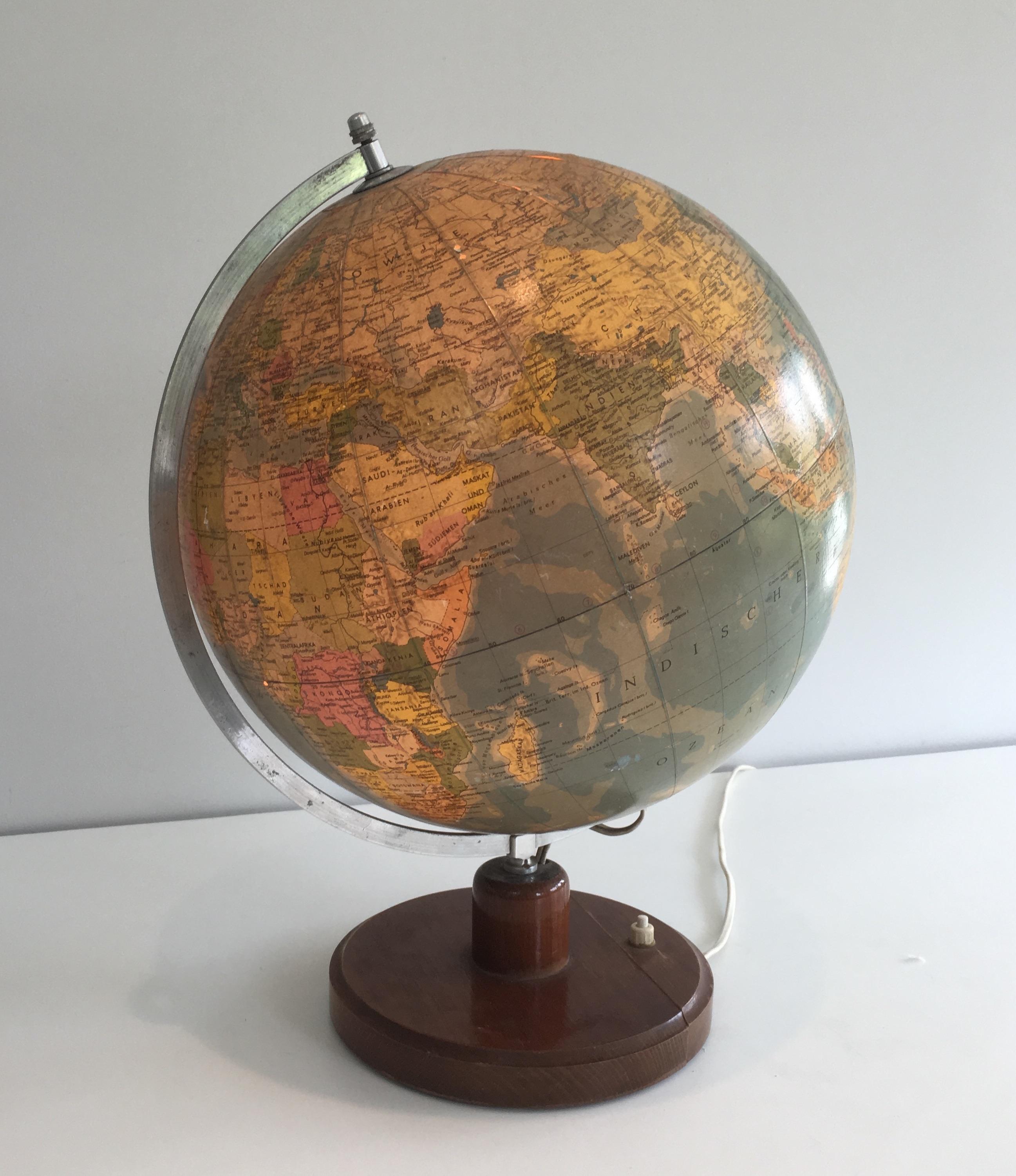 Mid-Century Modern Illuminating Globe Made of Paper on Plastic, Metal and Wood, German, circa 1950
