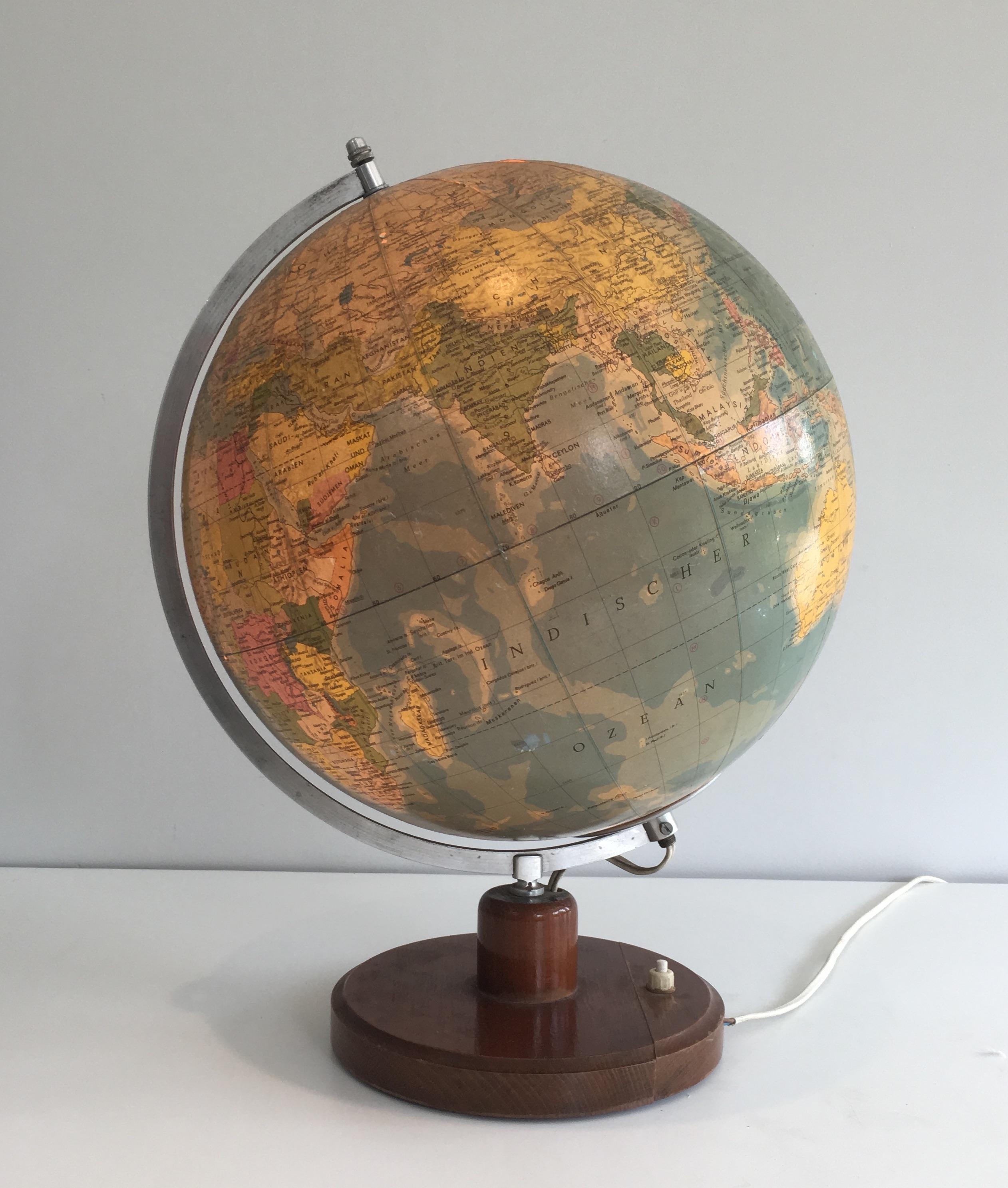 French Illuminating Globe Made of Paper on Plastic, Metal and Wood, German, circa 1950