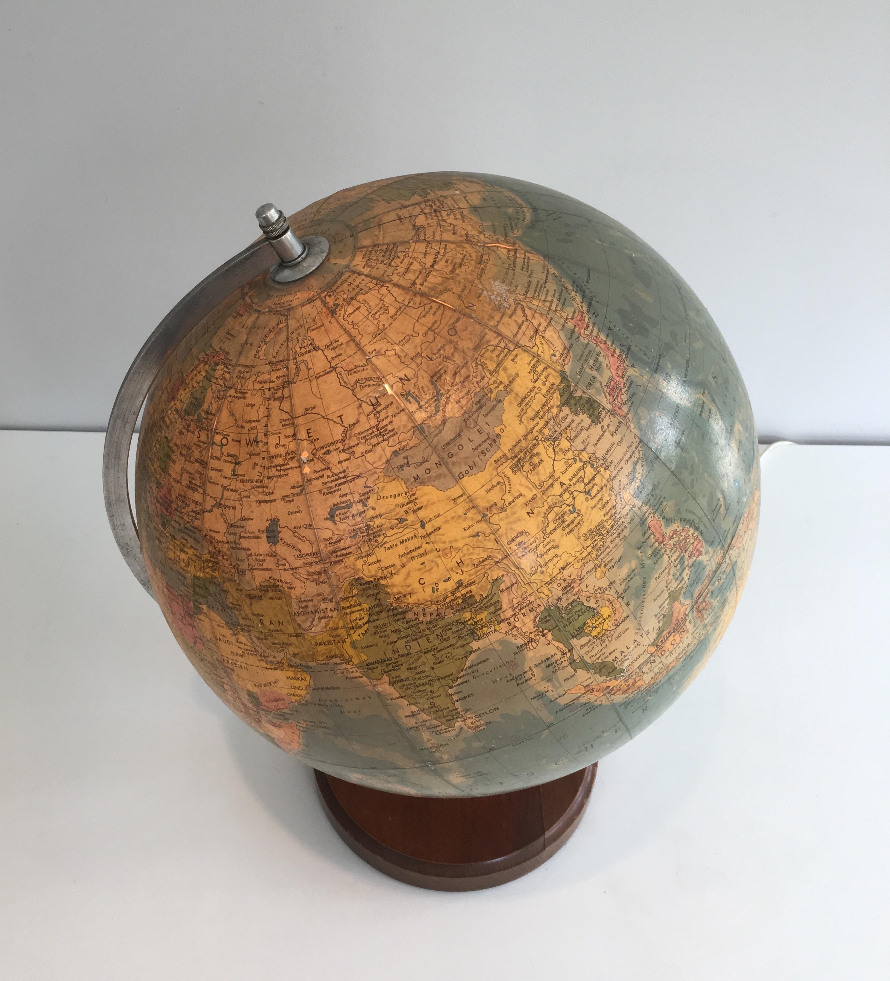 Mid-20th Century Illuminating Globe Made of Paper on Plastic, Metal and Wood, German, circa 1950