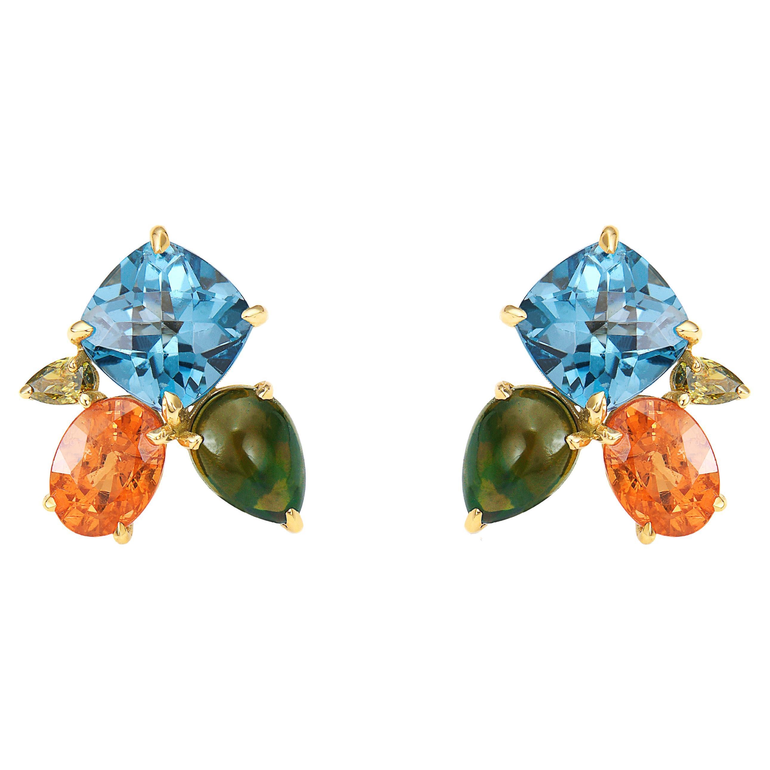 Spessartine Garnet Topaz Black Opal Green Diamond 18k Gold Stud Earrings 