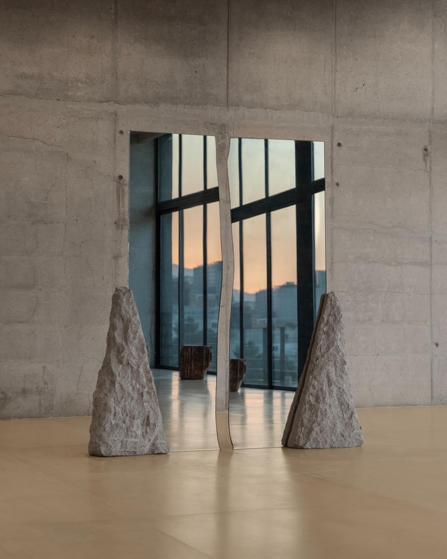 Irregular Wavy Double Mirror with Natural Grey Stone Base by Andres Monnier For Sale 2