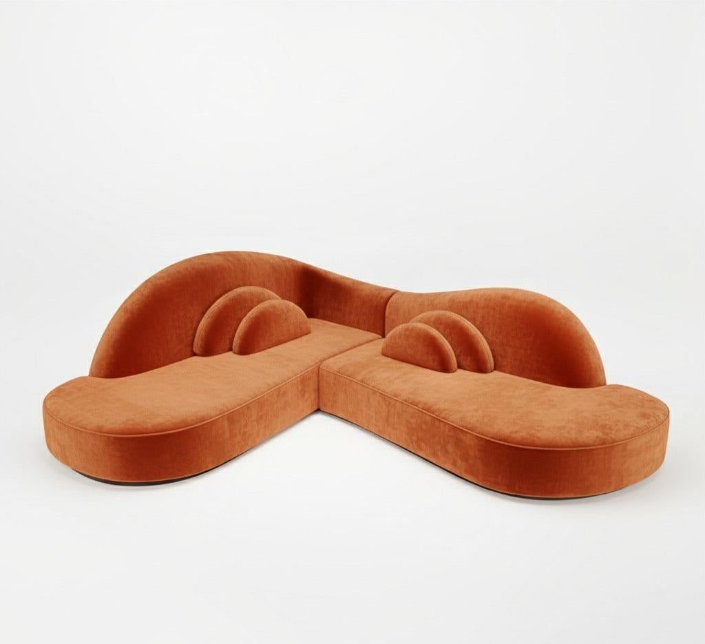 Sofá esquinero Illusion 90 grados con silueta curvada en terciopelo naranja quemado Moderno en venta