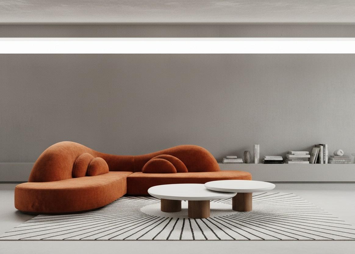 Sofá esquinero Illusion 90 grados con silueta curvada en terciopelo naranja quemado Hecho a mano en venta