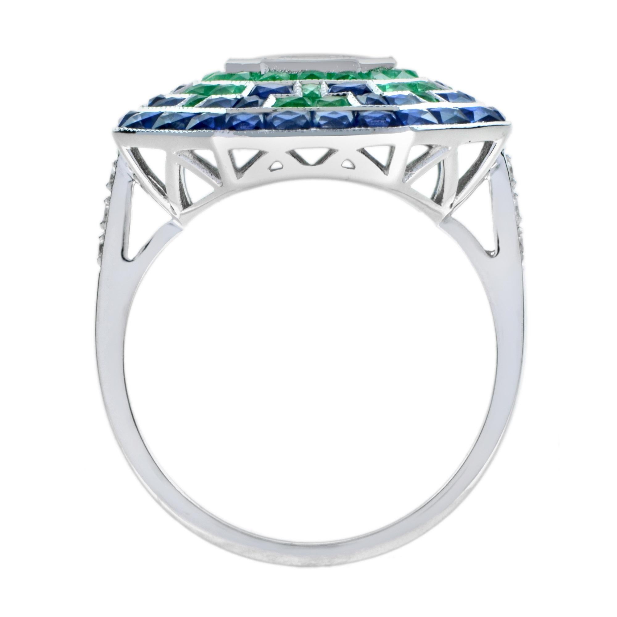 Illusion Asscher Cut Diamant & Smaragd Saphir Achteckig Weißgold Halo Ring (Asscher-Schliff) im Angebot