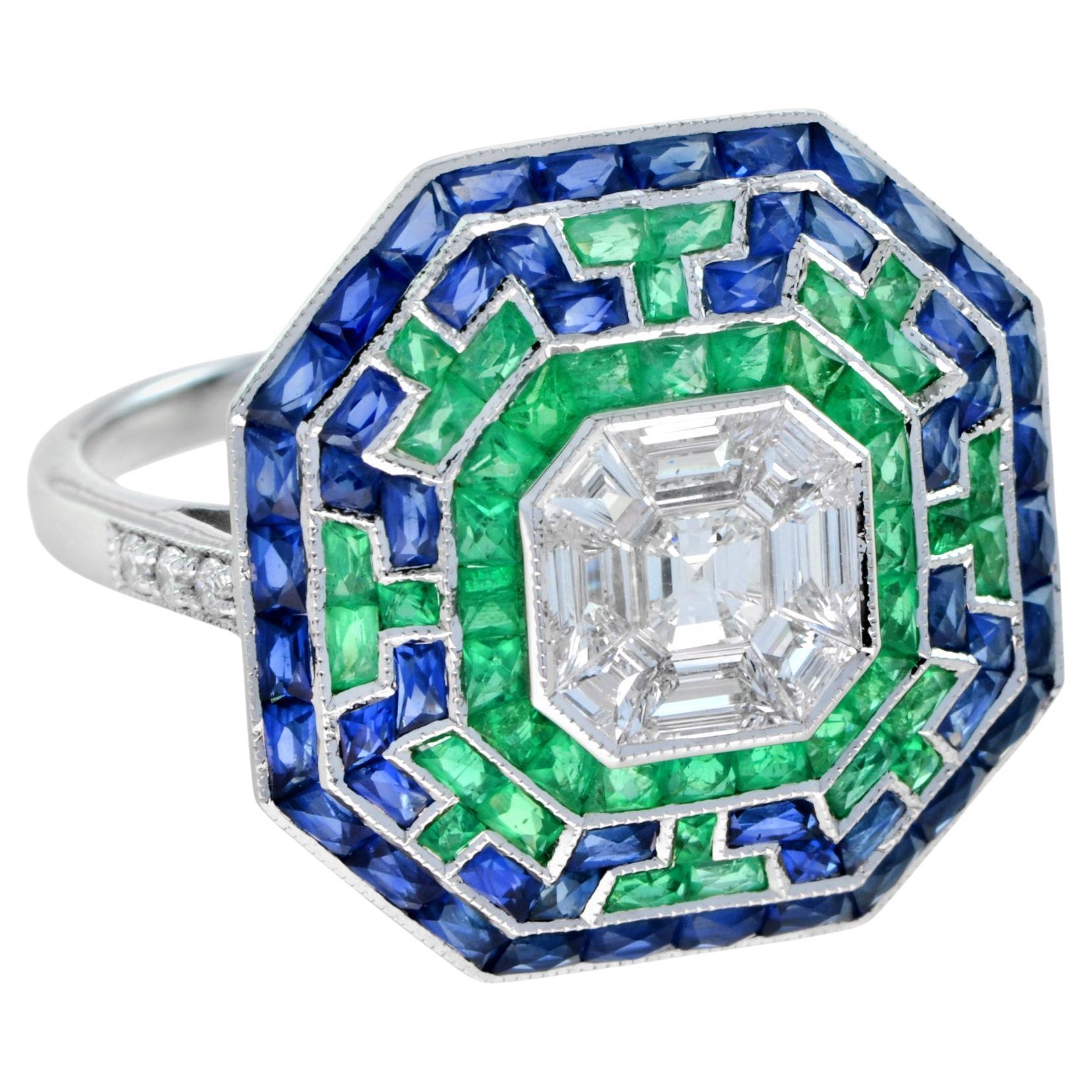 Illusion Asscher Cut Diamond & Emerald Sapphire Octagonal White Gold Halo Ring