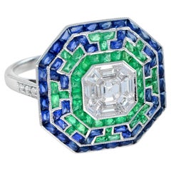 Illusion Asscher Cut Diamond & Emerald Sapphire Octagonal White Gold Halo Ring