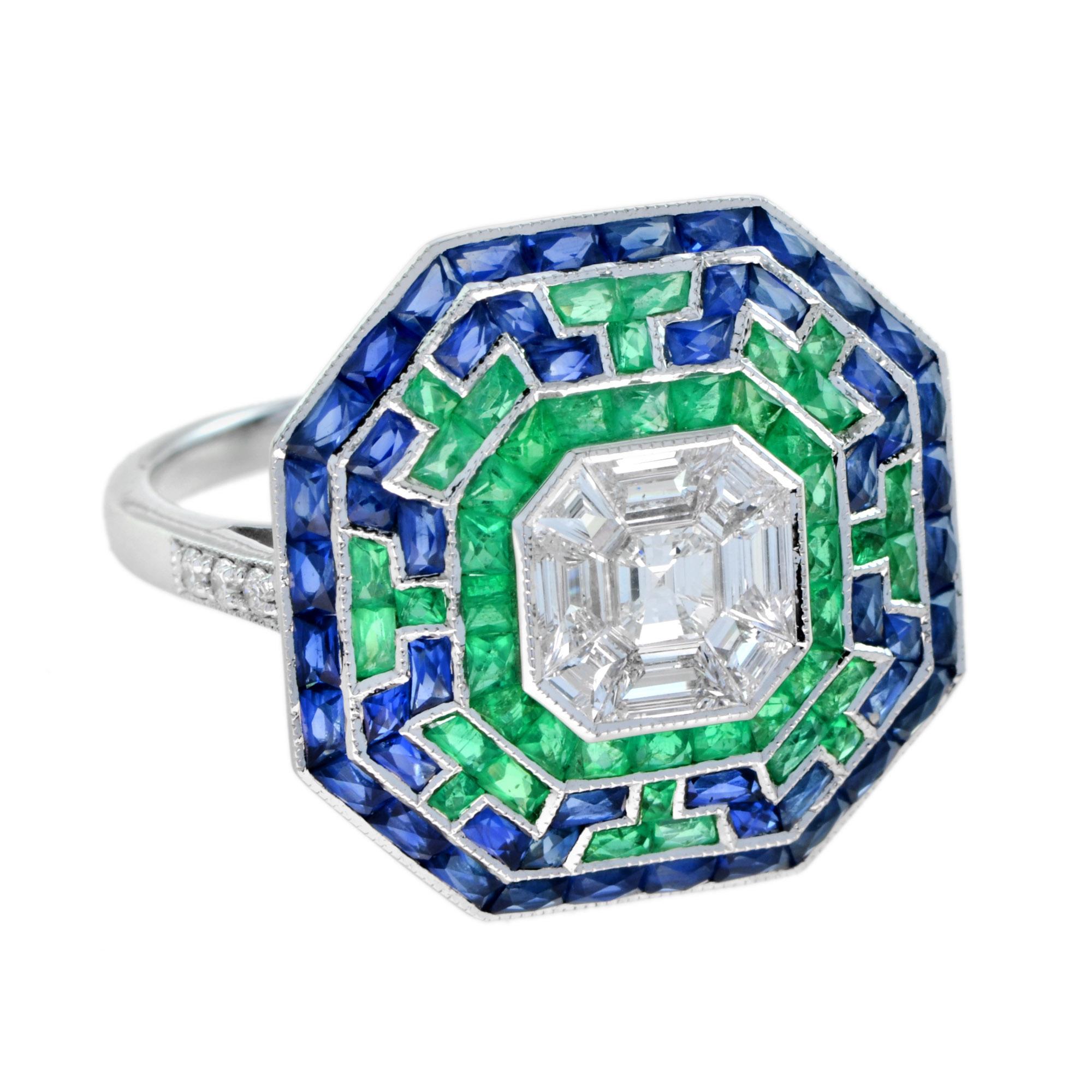 An exquisite Art Deco style octagonal shape ring, crafted in 18k white gold. The ring showcases a precise combination multiple special cut diamonds illusion set in an Asscher shape to create the look of 1.3 – 1.5 carats, surrounded by French cut