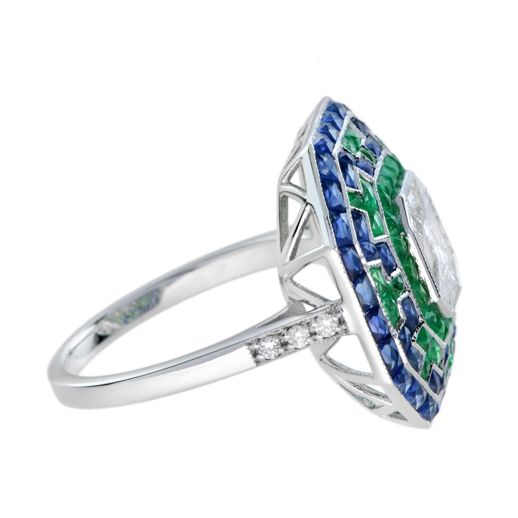 Art Deco Illusion Asscher Cut Diamond with Emerald Sapphire Halo Octagonal Shape Ring