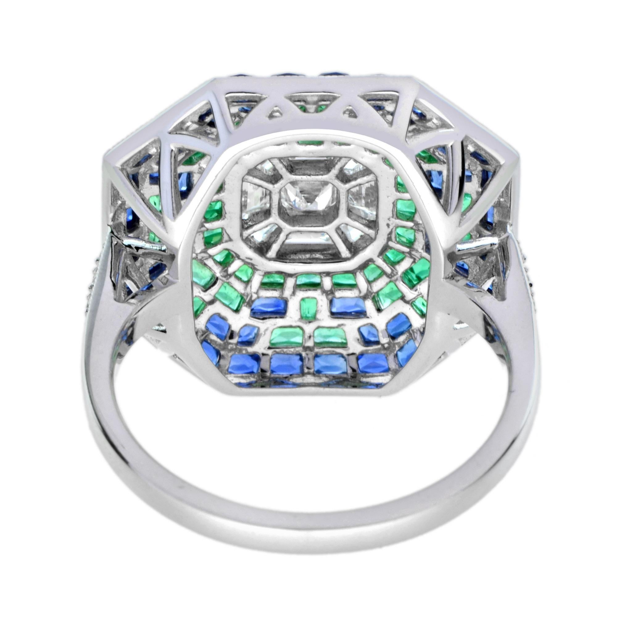 Illusion Asscher Cut Diamond with Emerald Sapphire Halo Octagonal Shape Ring In New Condition In Bangkok, TH