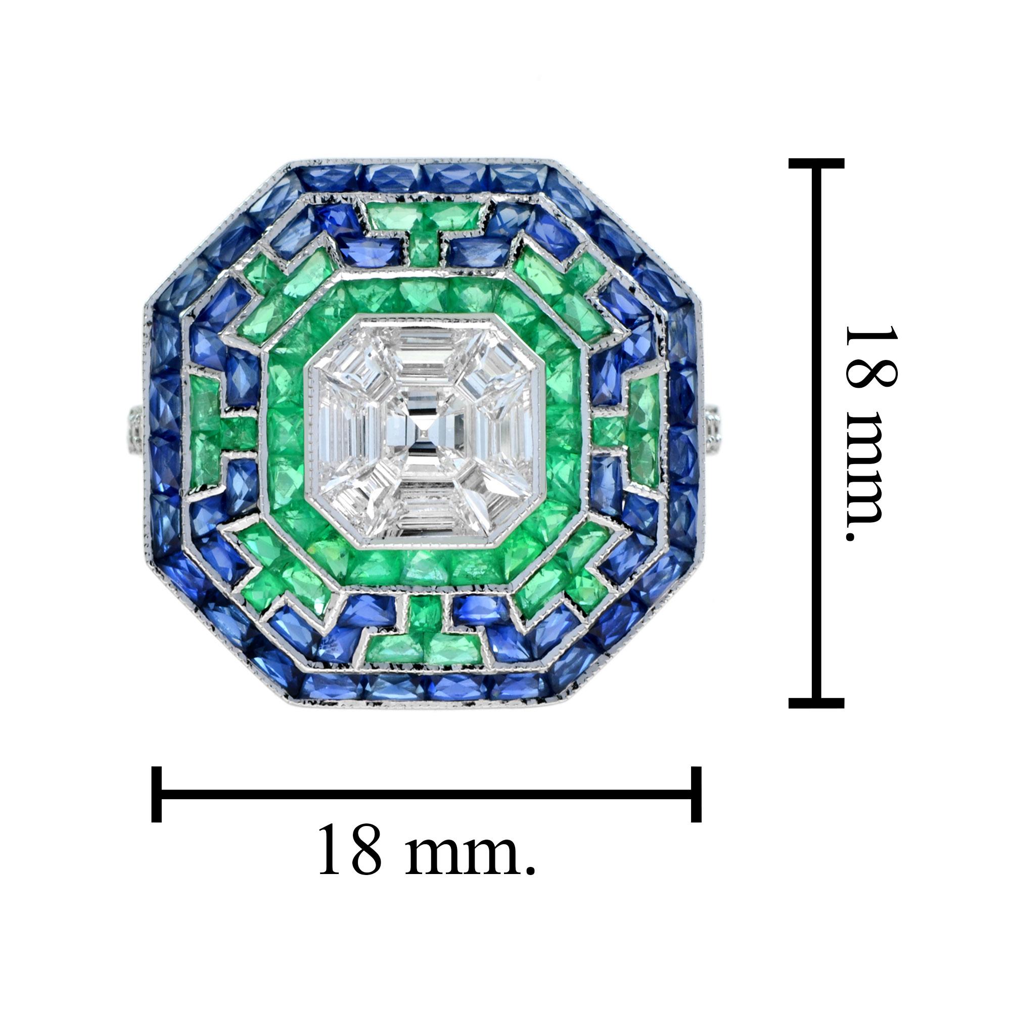 Illusion Asscher Cut Diamond with Emerald Sapphire Halo Octagonal Shape Ring 1