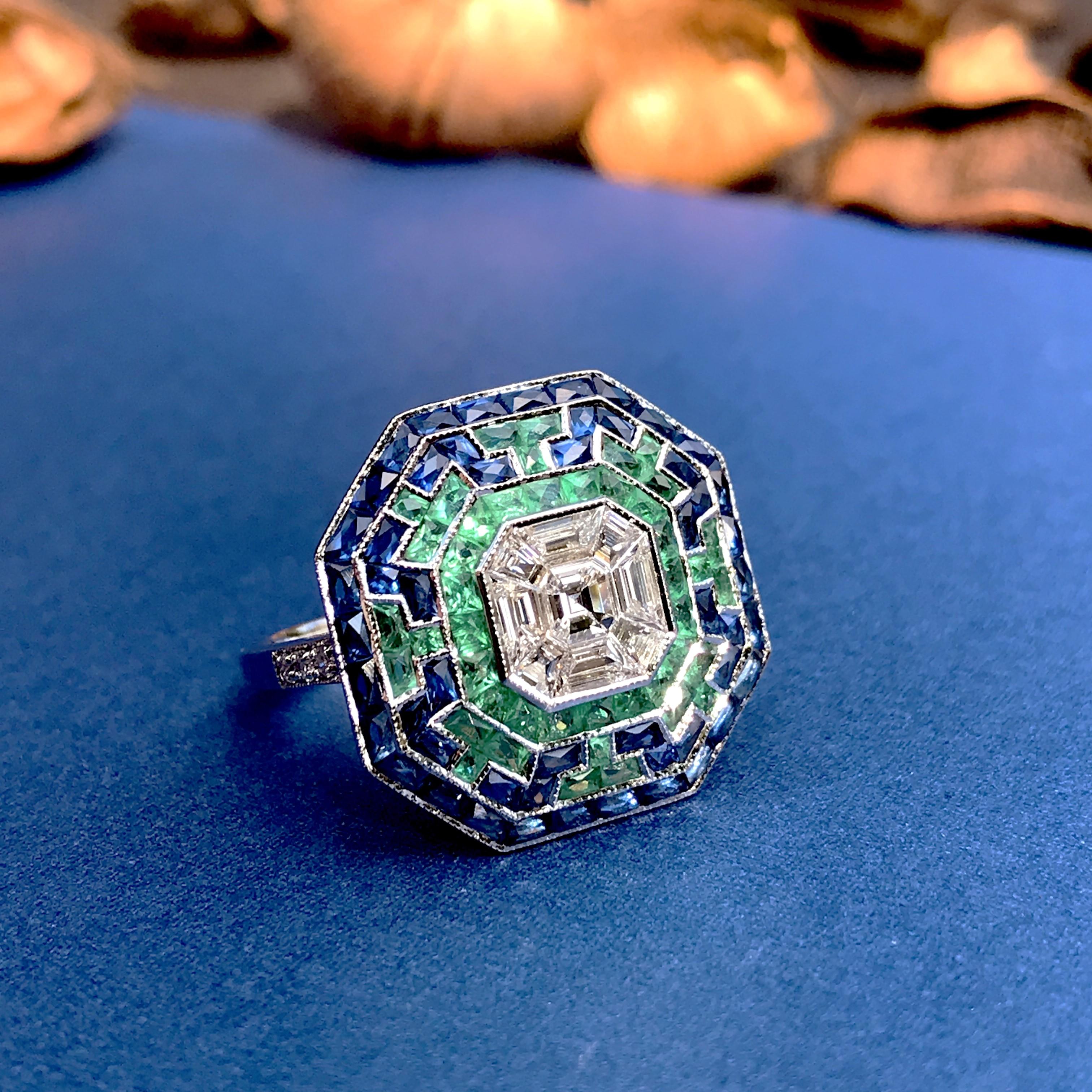 Illusion Asscher Cut Diamond with Emerald Sapphire Halo Octagonal Shape Ring 3