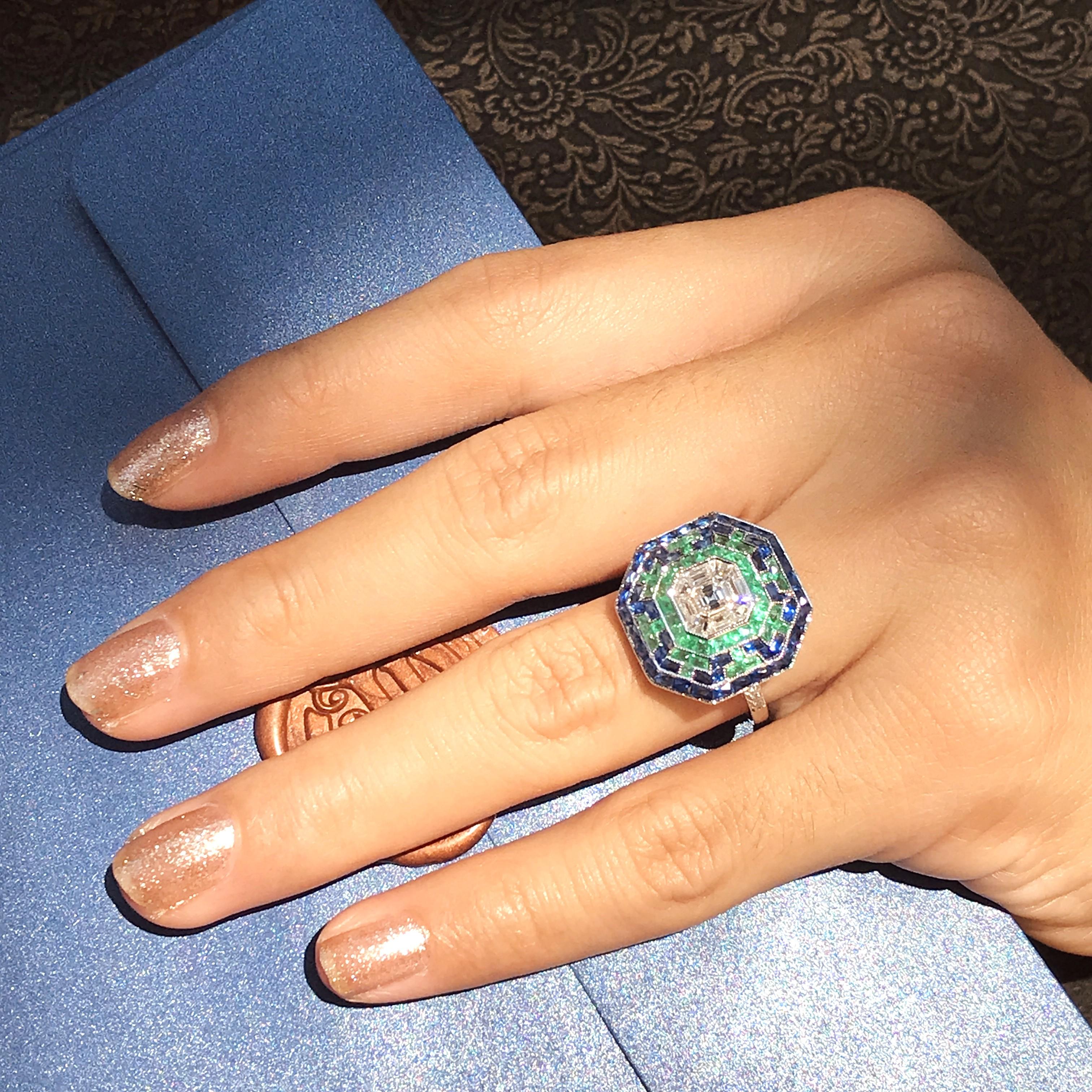 Illusion Asscher Cut Diamond with Emerald Sapphire Halo Octagonal Shape Ring 4