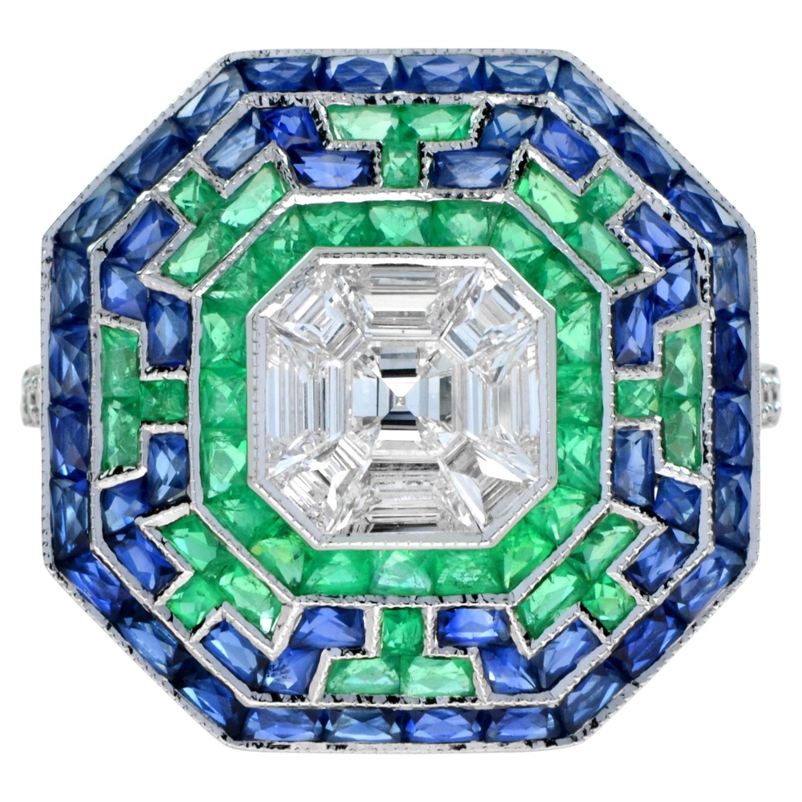 Illusion Asscher Cut Diamond with Emerald Sapphire Halo Octagonal Shape Ring