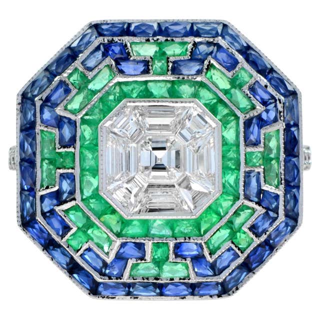 Illusion Asscher Cut Diamond with Emerald Sapphire Halo Octagonal Shape ...