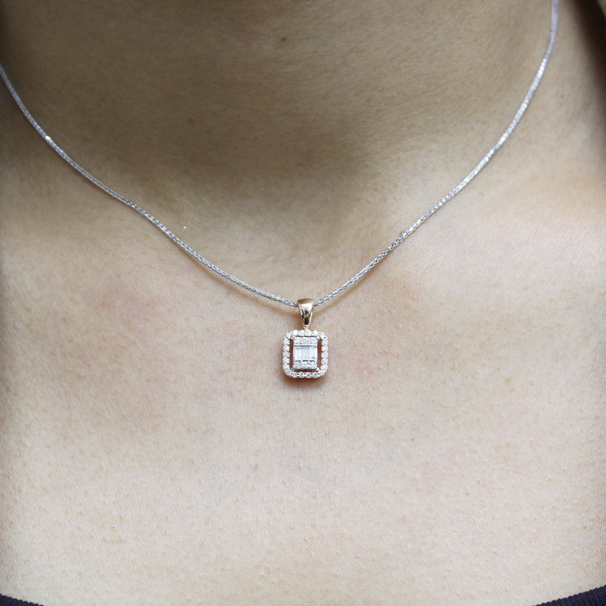 Mixed Cut Illusion Baguette Pendant with Round Halo in Rose Gold For Sale