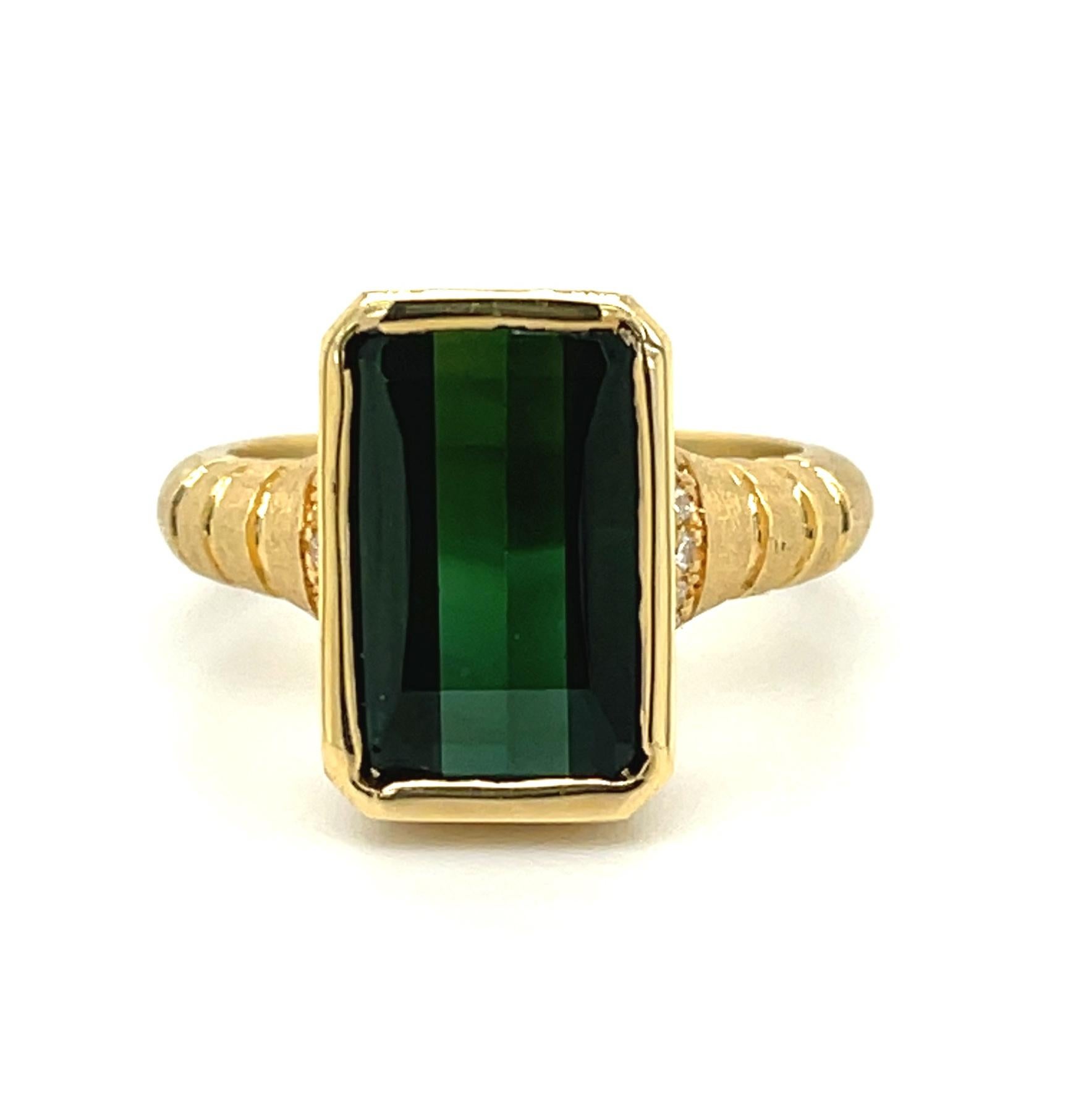 Artisan Illusion Cut Green Tourmaline and Diamond Ring in 18k Yellow Gold For Sale