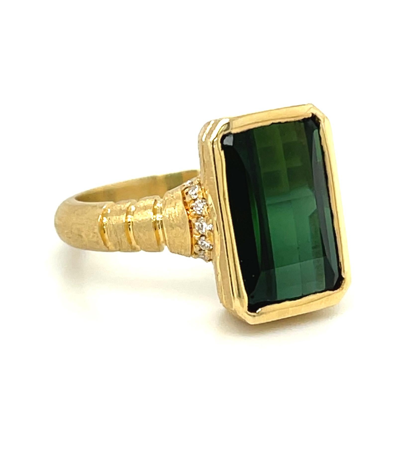 Emerald Cut Illusion Cut Green Tourmaline and Diamond Ring in 18k Yellow Gold For Sale