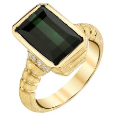 Illusion Cut Green Tourmaline and Diamond Ring in 18k Yellow Gold