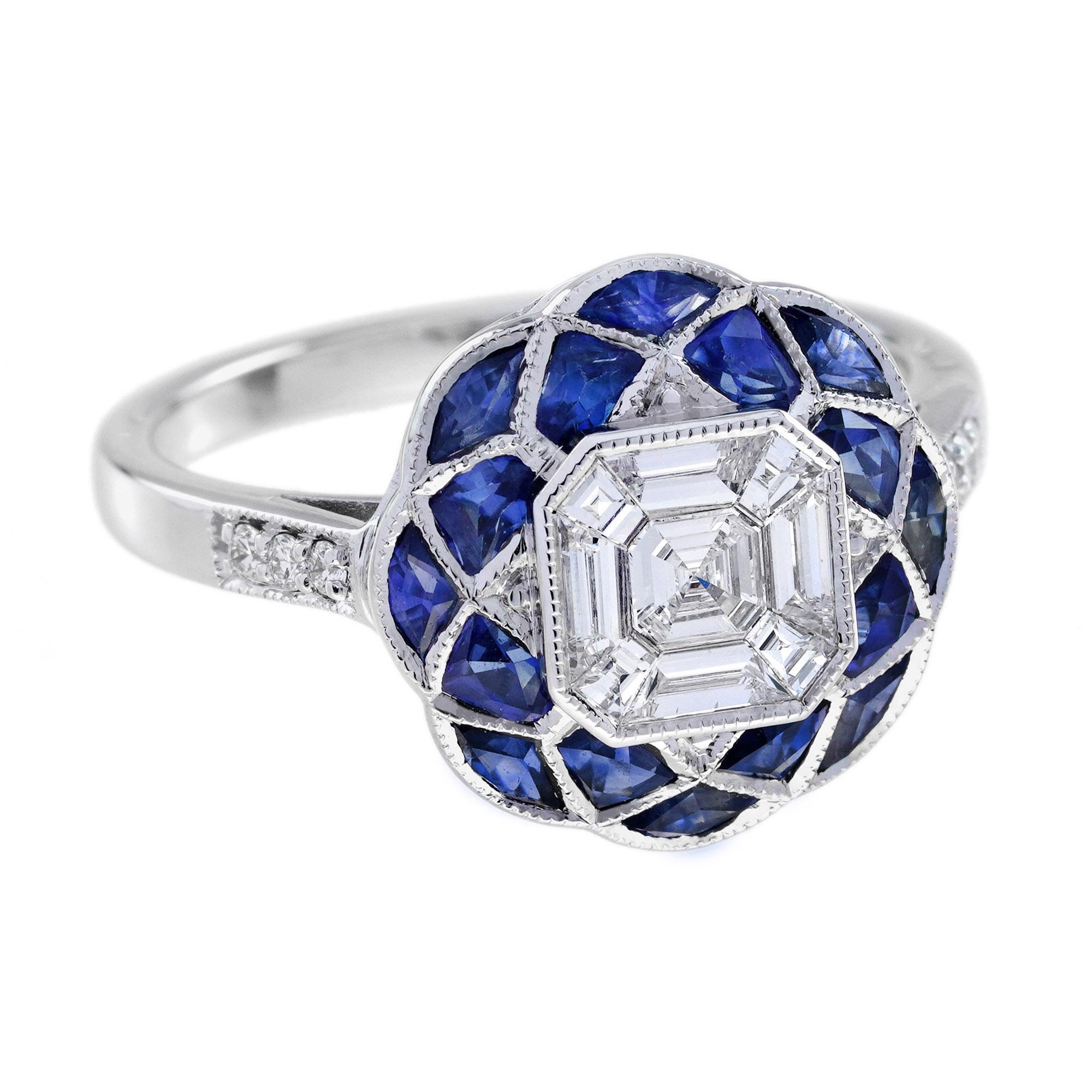 Taille carrée Bague de fiançailles de style Art déco à motif floral en diamant et saphir Illusion en blanc 18 carats