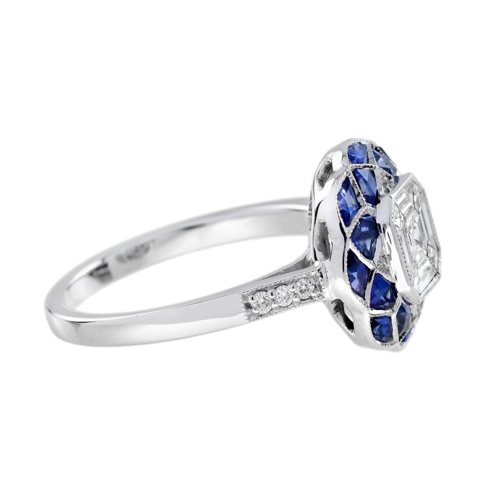 Bague de fiançailles de style Art déco à motif floral en diamant et saphir Illusion en blanc 18 carats Neuf à Bangkok, TH
