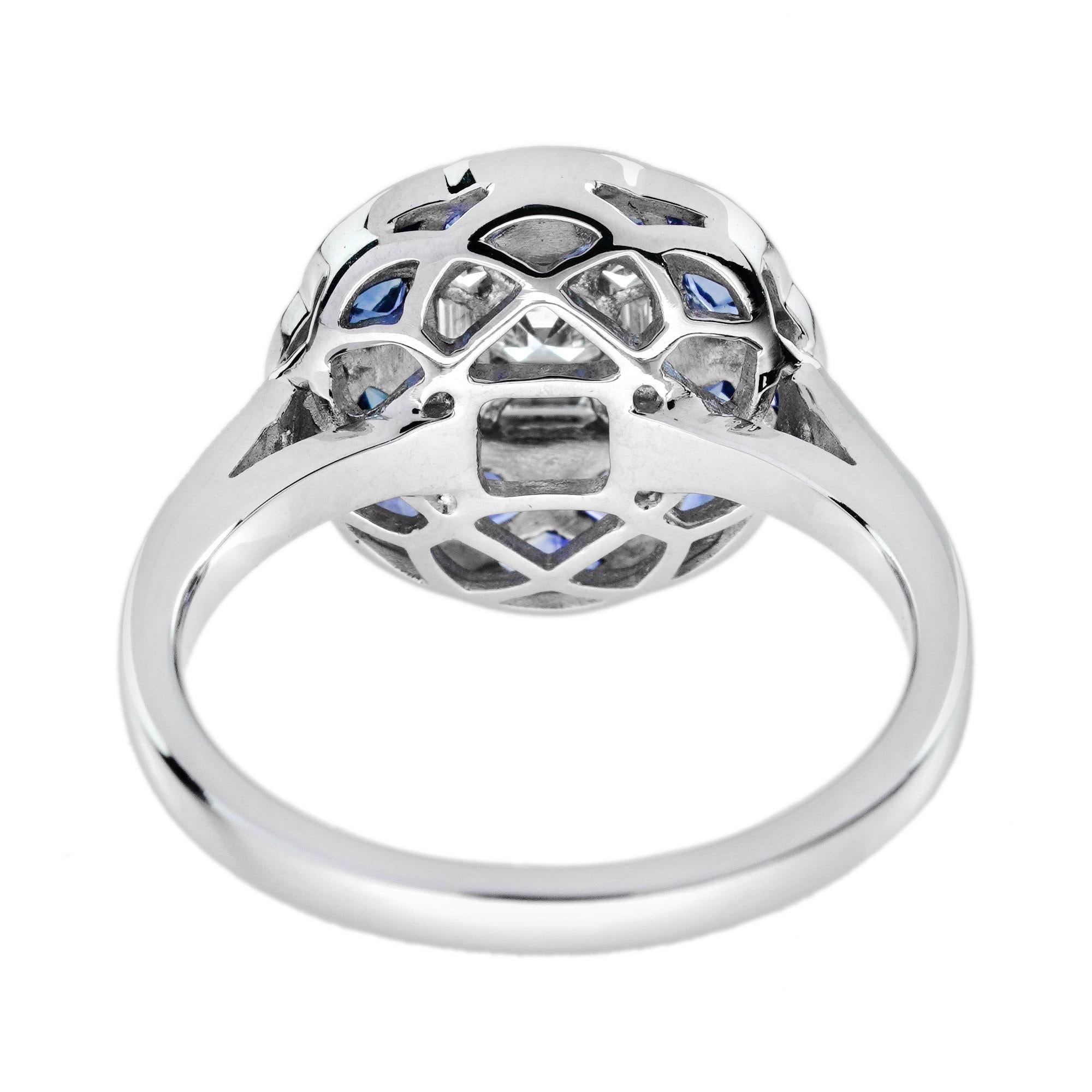  Bague de fiançailles de style Art déco à motif floral en diamant et saphir Illusion en blanc 18 carats Pour femmes 