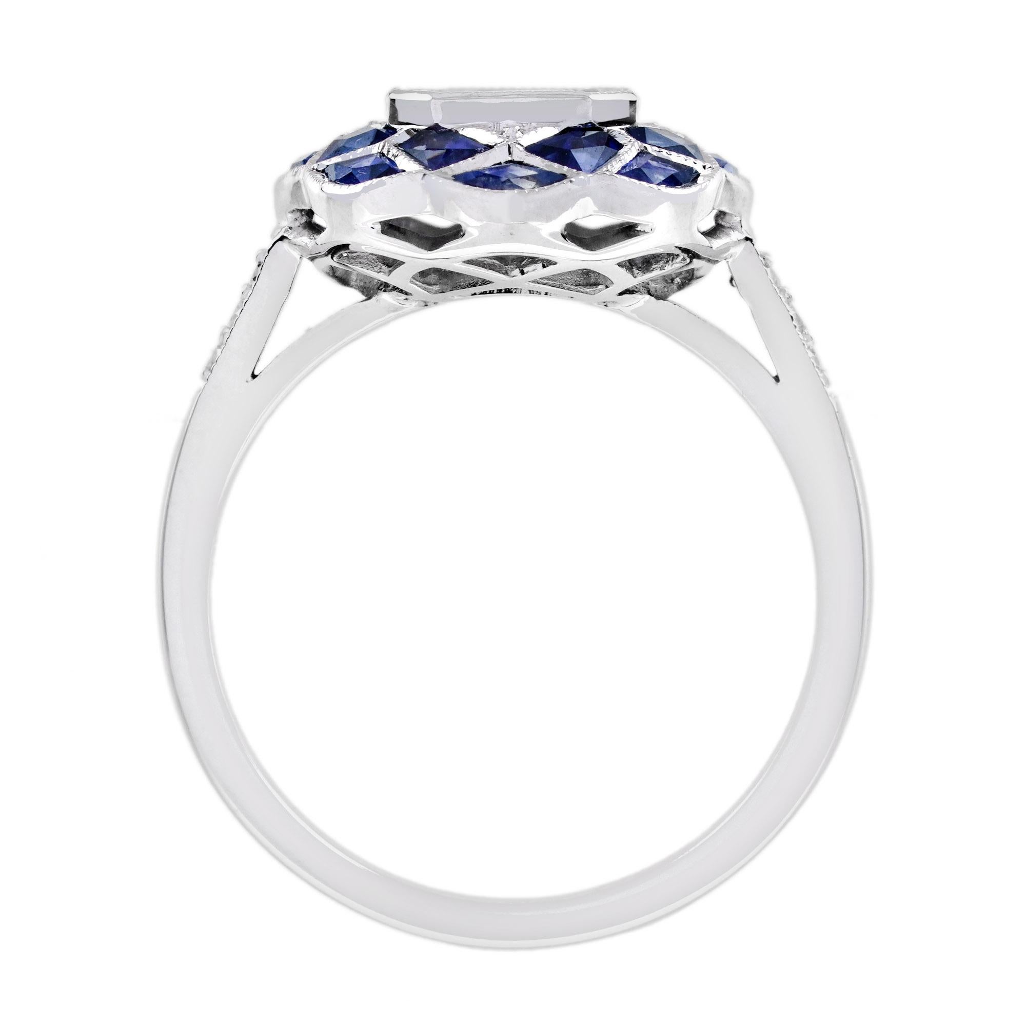 Bague de fiançailles de style Art déco à motif floral en diamant et saphir Illusion en blanc 18 carats 1