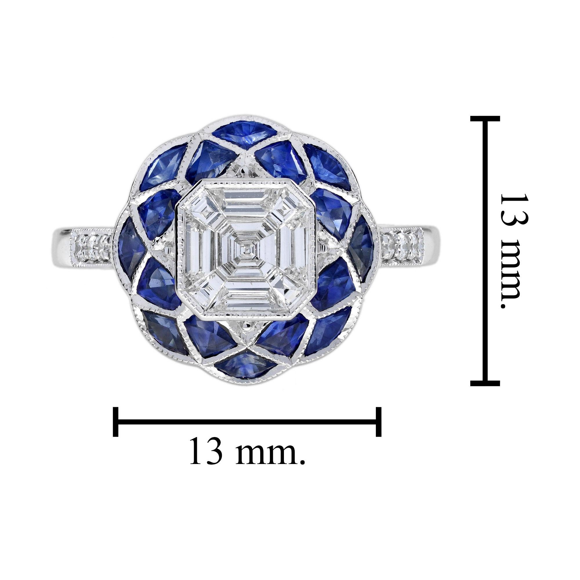 Bague de fiançailles de style Art déco à motif floral en diamant et saphir Illusion en blanc 18 carats 2
