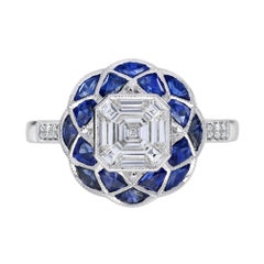 Bague de fiançailles de style Art déco à motif floral en diamant et saphir Illusion en blanc 18 carats