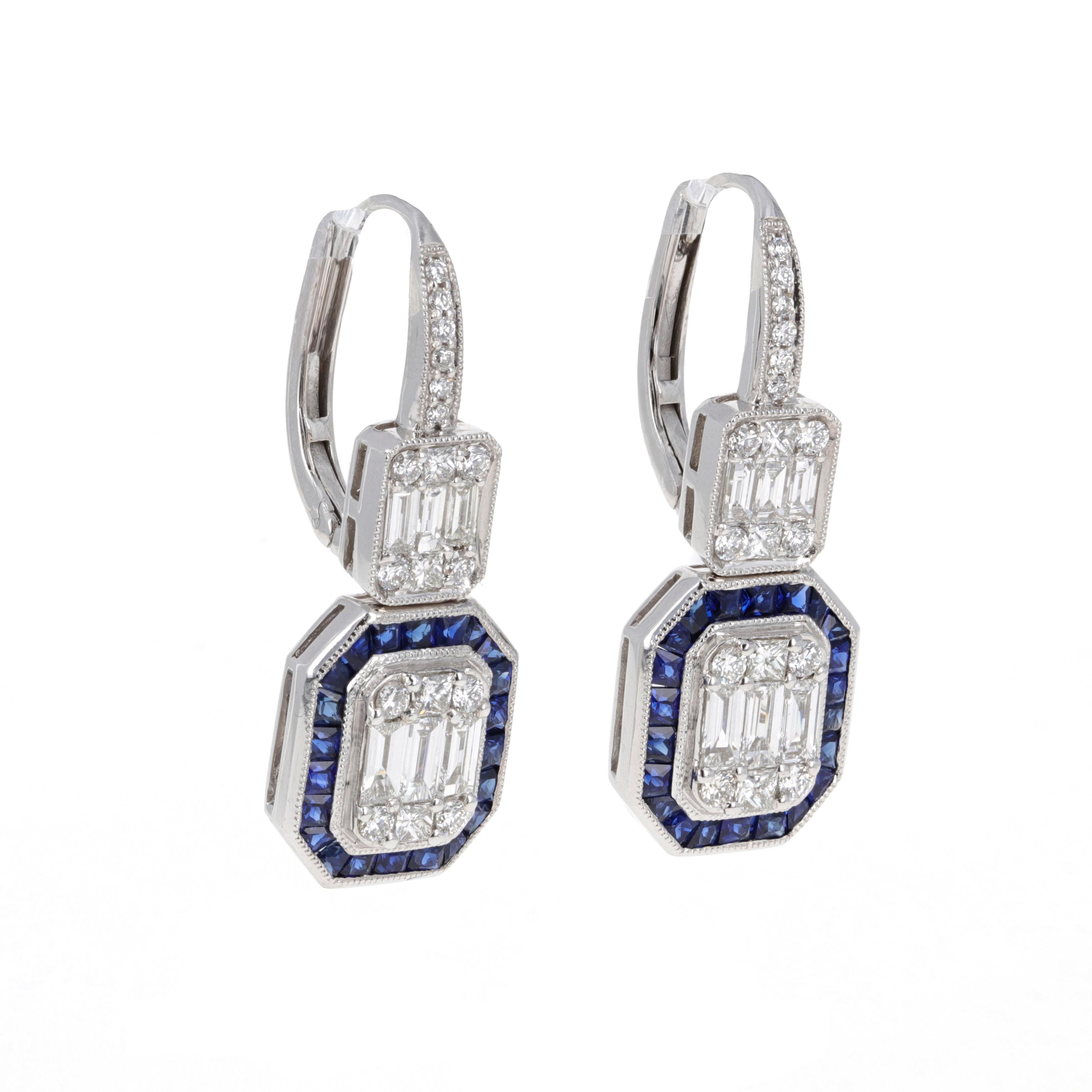 Hand made 18 karat white gold diamond and sapphire drop dangle earrings. These earrings are 