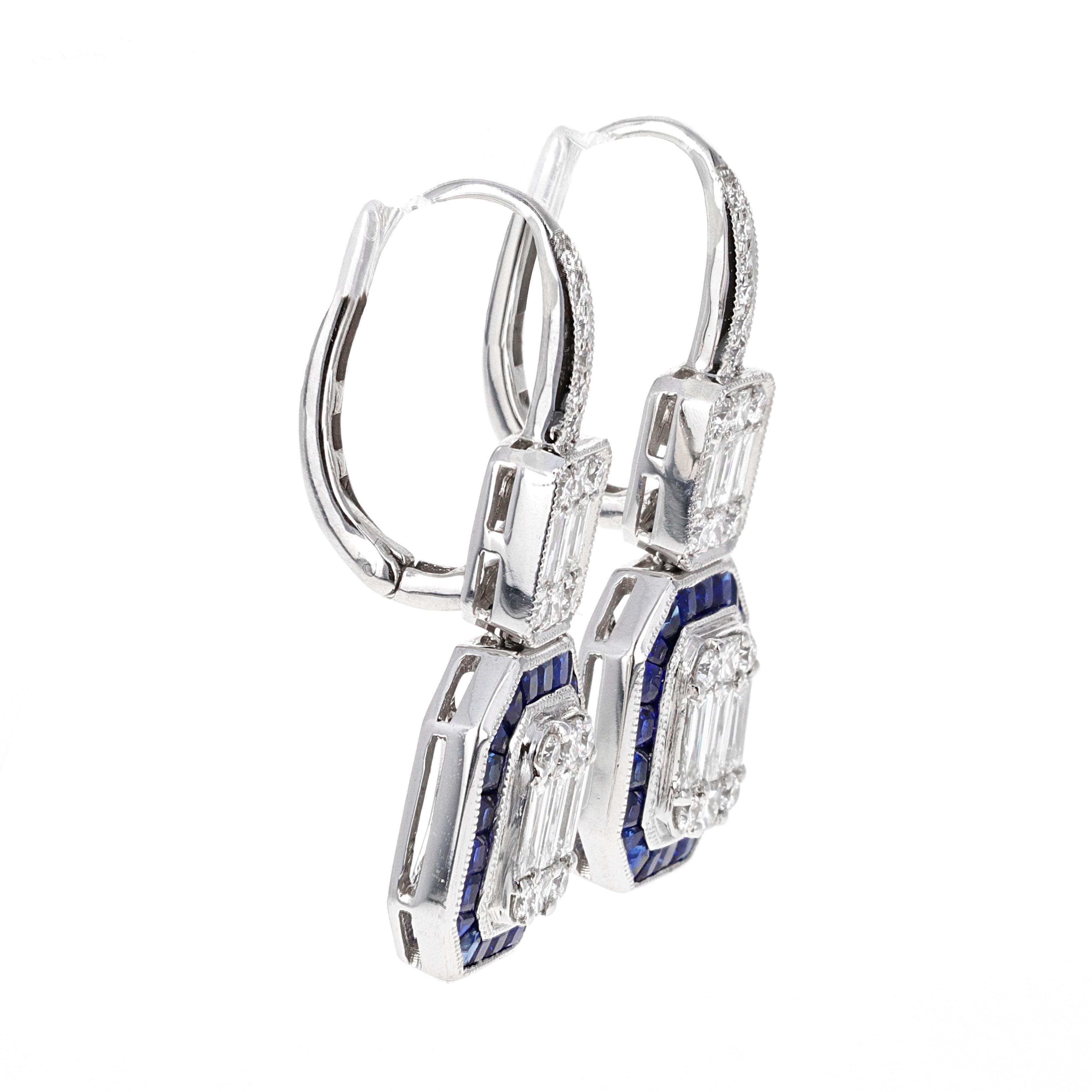 Art Deco Illusion Diamond and Sapphire Drop Dangle Earrings
