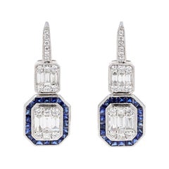 Illusion Diamond and Sapphire Drop Dangle Earrings