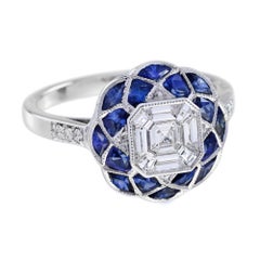 Anillo de Oro Blanco Floral Estilo Art Decó con Diamantes y Zafiro Azul