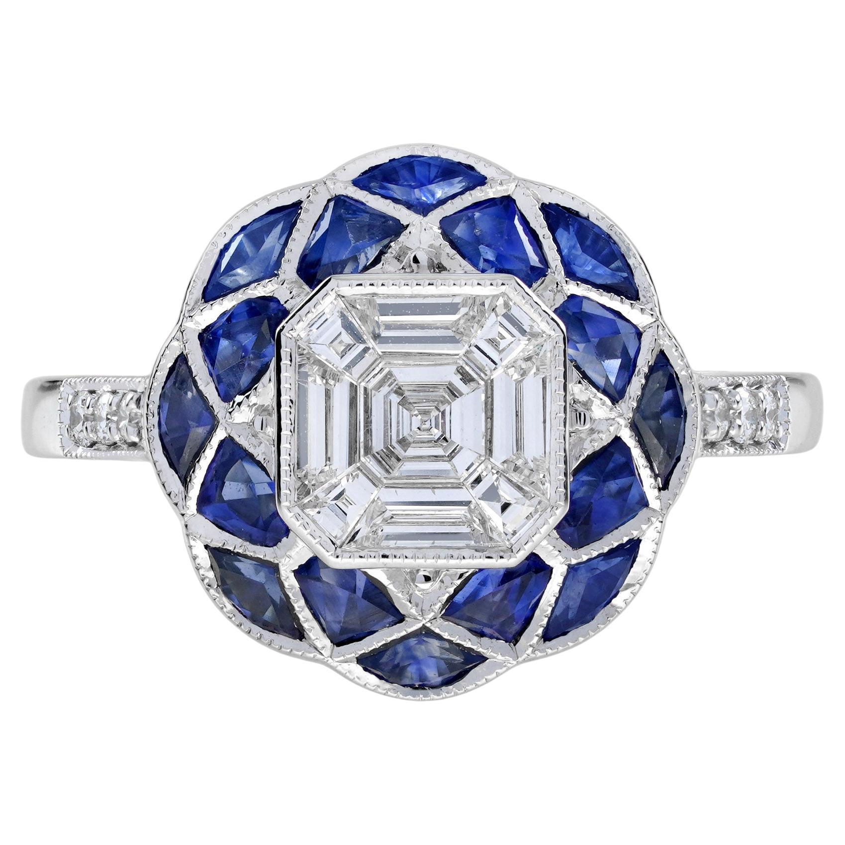 Anillo de Oro Blanco Floral Estilo Art Decó con Diamantes y Zafiro Azul en venta