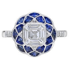 Anillo de Oro Blanco Floral Estilo Art Decó con Diamantes y Zafiro Azul