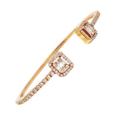 Illusion Emerald-Cut Diamond Halo Open Cuff Bangle Bracelet in 18 Karat Gold