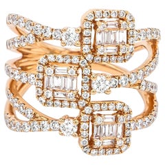 Illusion Emerald Cut Diamond Set in Triple Criss-Cross Layered Cocktail Ring