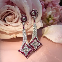 Illusion Lily Cut Diamond and Ruby Vintage Style Drop Earrings in 18K White Gold
