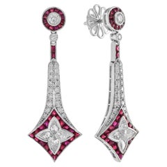 Illusion Lily Cut Diamond and Ruby Vintage Style Drop Earrings in 18K White Gold