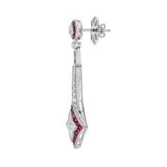Illusion Lily Cut Diamond & Red Ruby Vintage Style Drop 18K White Gold Earrings