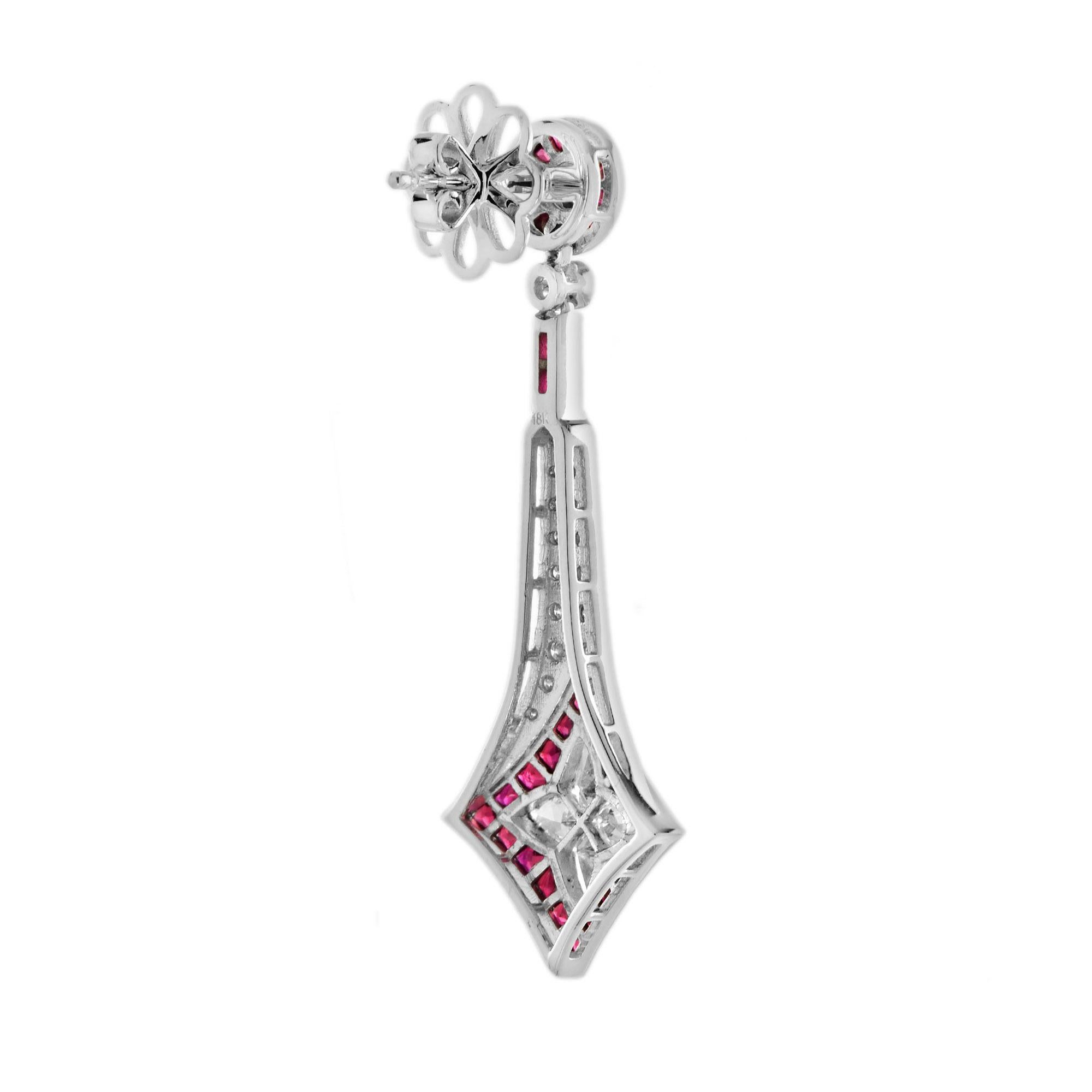 Illusion Lily Cut Diamond & Red Ruby Vintage Style Drop 18K Weißgold Ohrringe (Art déco) im Angebot