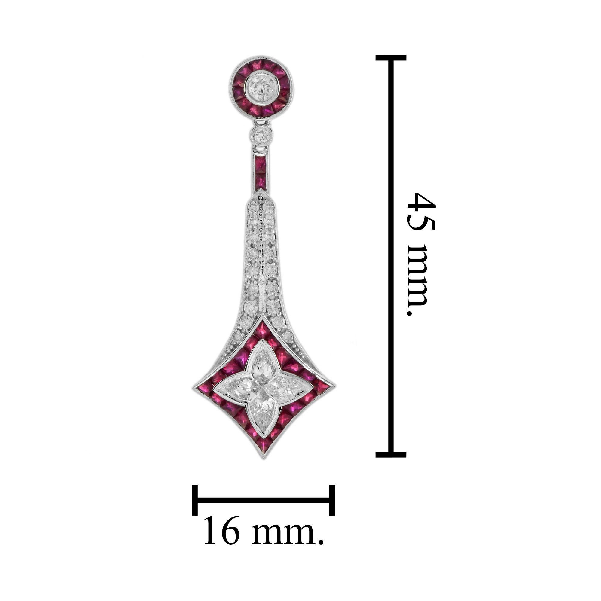 Illusion Lily Cut Diamond & Red Ruby Vintage Style Drop 18K Weißgold Ohrringe im Zustand „Neu“ im Angebot in Oakton, VA