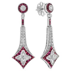 Illusion Lily Cut Diamond & Red Ruby Vintage Style Drop 18K White Gold Earrings