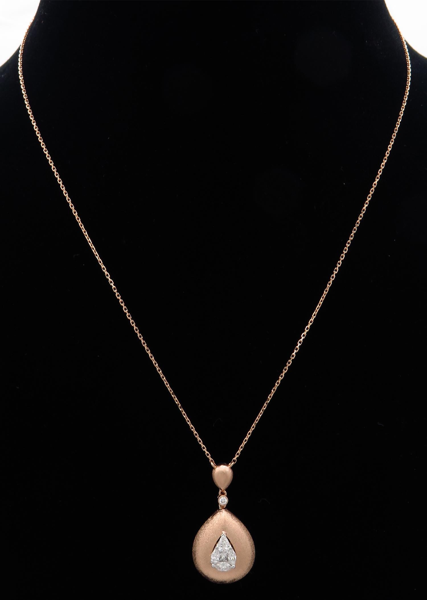 Marquise Cut Illusion Pear Diamond Pendant Necklace 18 Karat Rose Gold For Sale