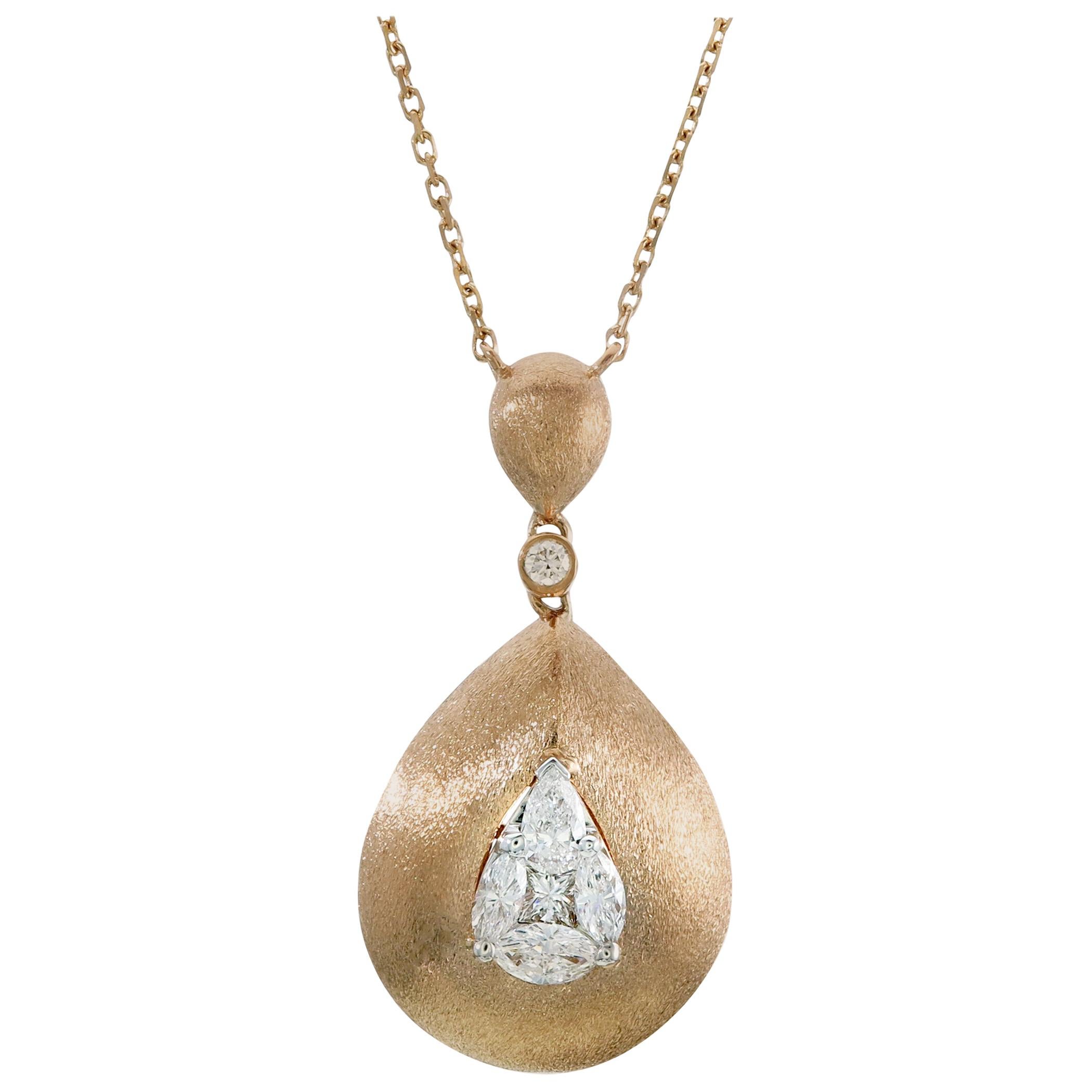 Illusion Pear Diamond Pendant Necklace 18 Karat Rose Gold For Sale