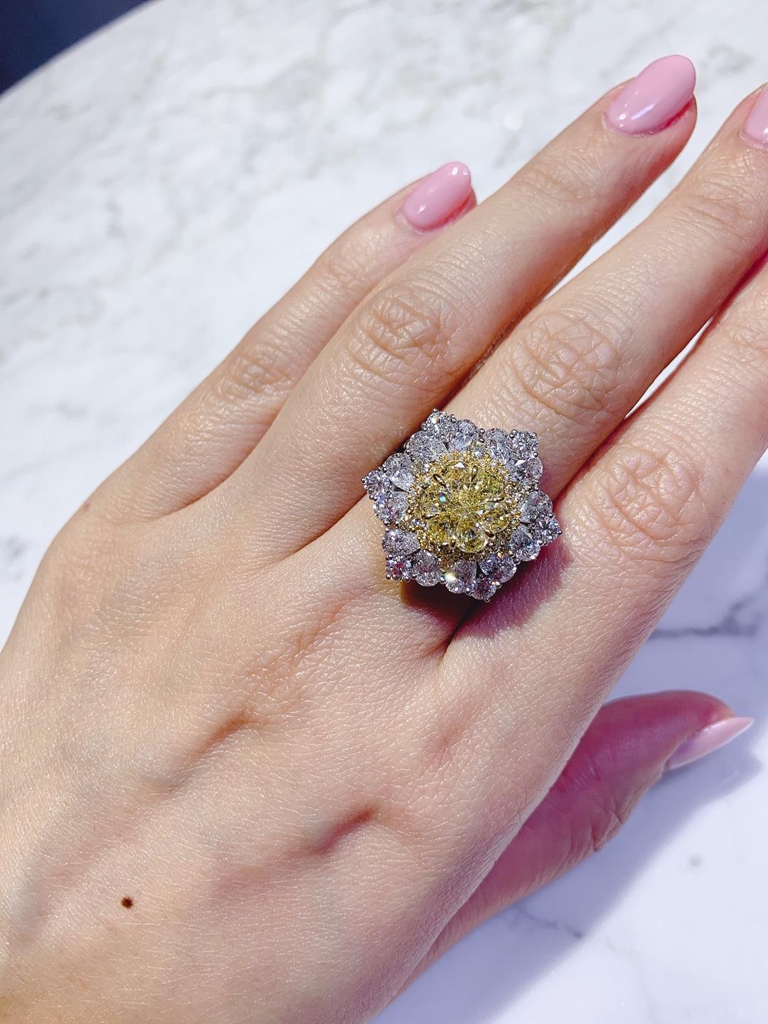 Contemporary Illusion Pie Cut Fancy Yellow Diamond Ring For Sale