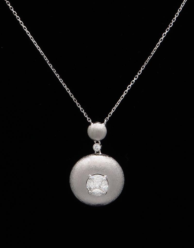 Modern Illusion Round Diamond Pendant Necklace 18 Karat White Gold For Sale