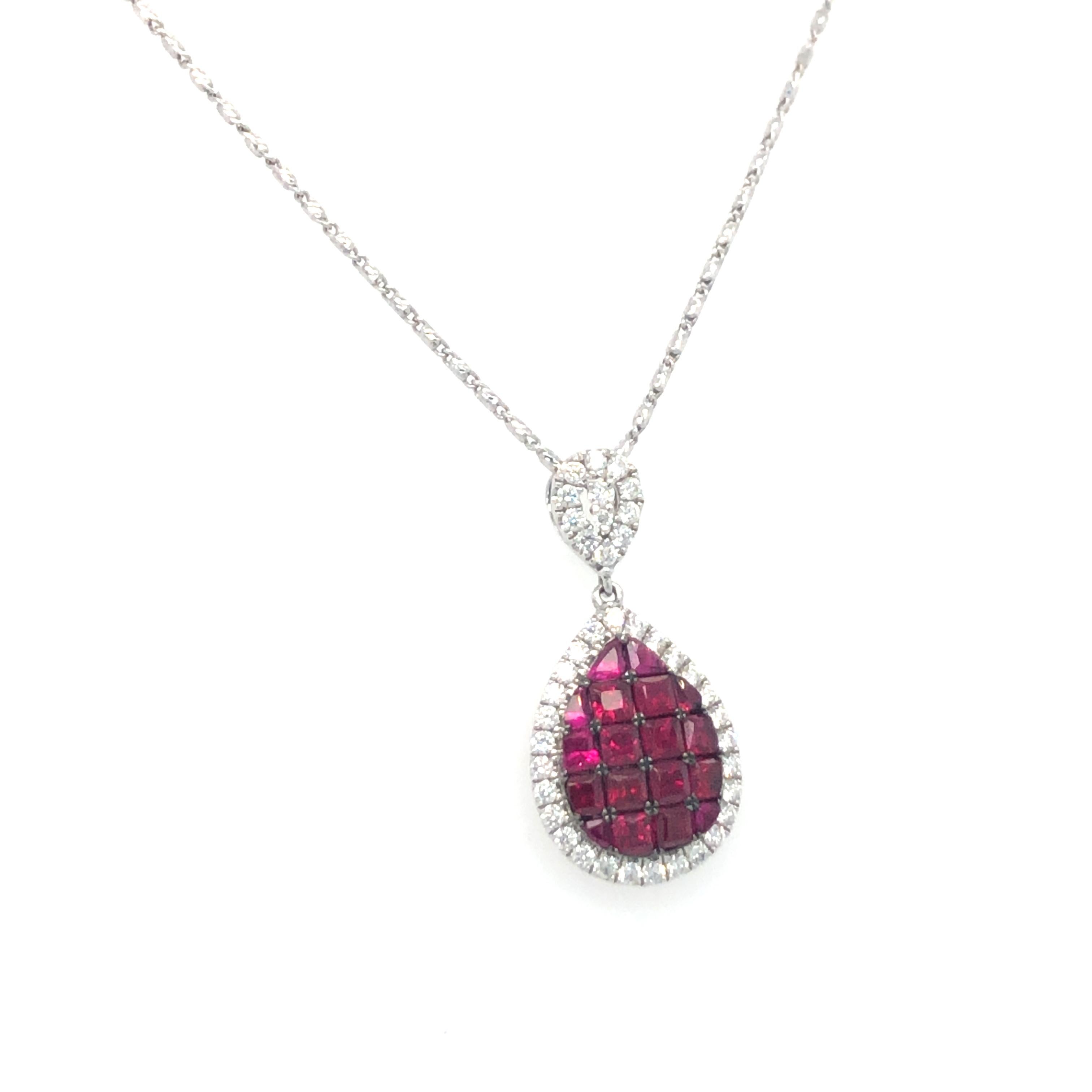 Illusion Ruby 1.37ct and Diamond Teardrop Pendant Necklace in 14k White Gold.
18