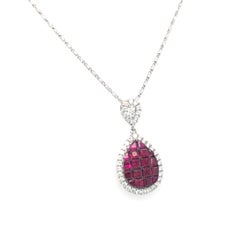 Illusion Ruby and Diamond Teardrop Pendant Necklace14k White Gold