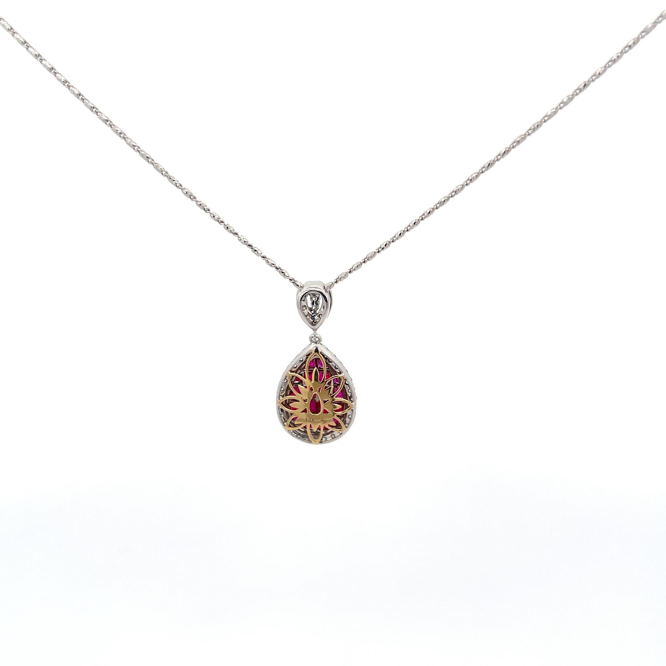 Illusion Ruby and Diamond Teardrop Pendant Necklace14k White Gold In Excellent Condition For Sale In Dallas, TX